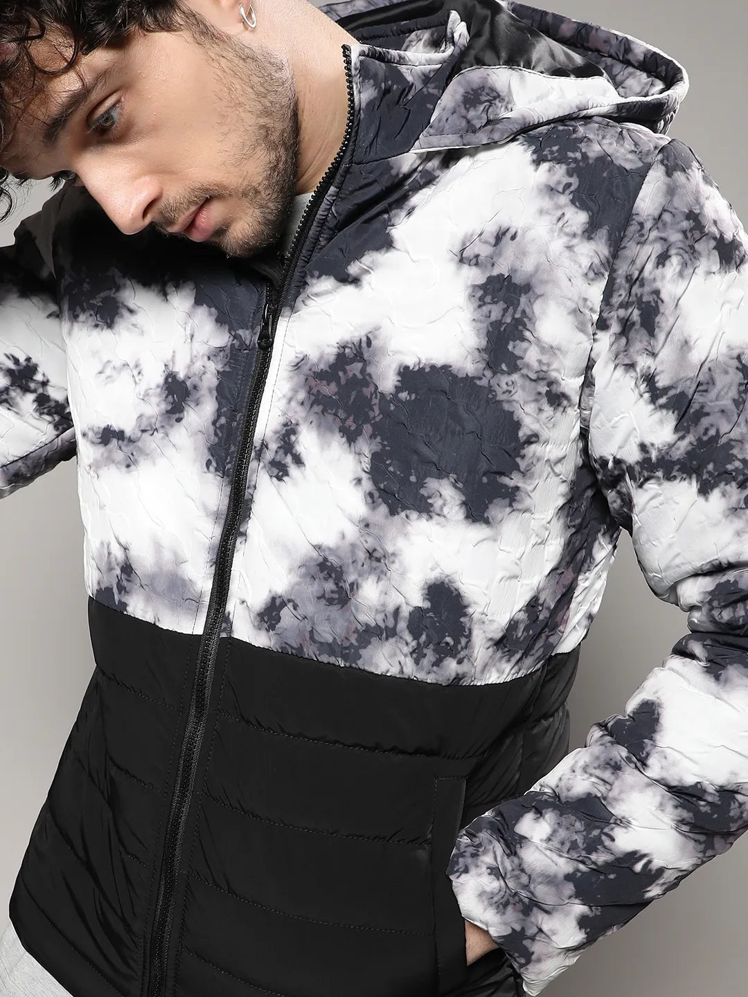 Black & White Tie-Dye Block Puffer Jacket