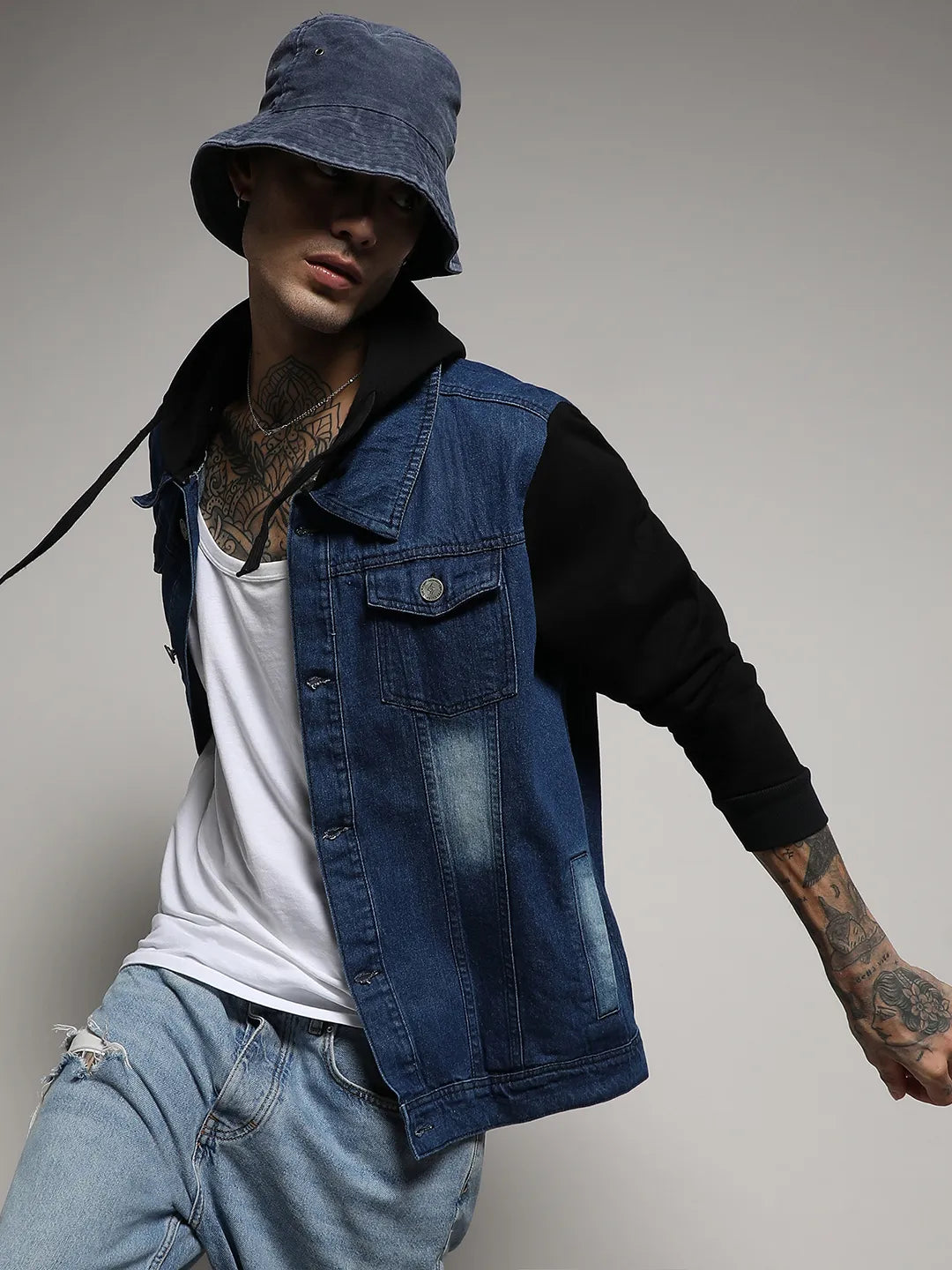 Light Wash Denim Jacket With Sweatshirt Sleeve
