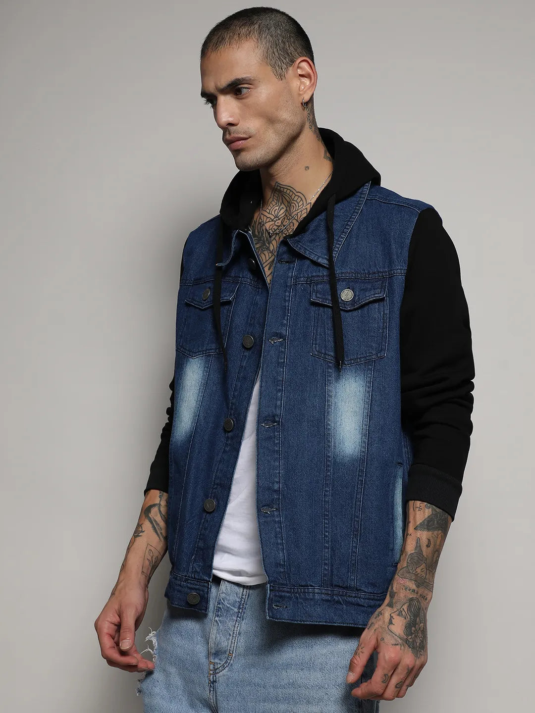 Campus Sutra Men s Blue Black Light Wash Denim Jacket With Sweatshirt Sleeve Campussutra