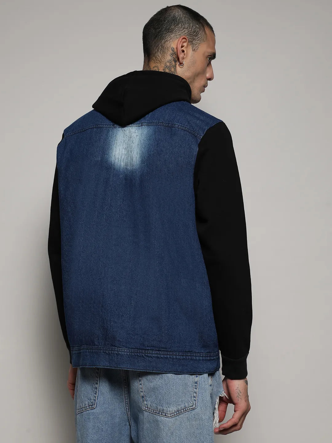 Light-Wash Denim Jacket With Sweatshirt Sleeve