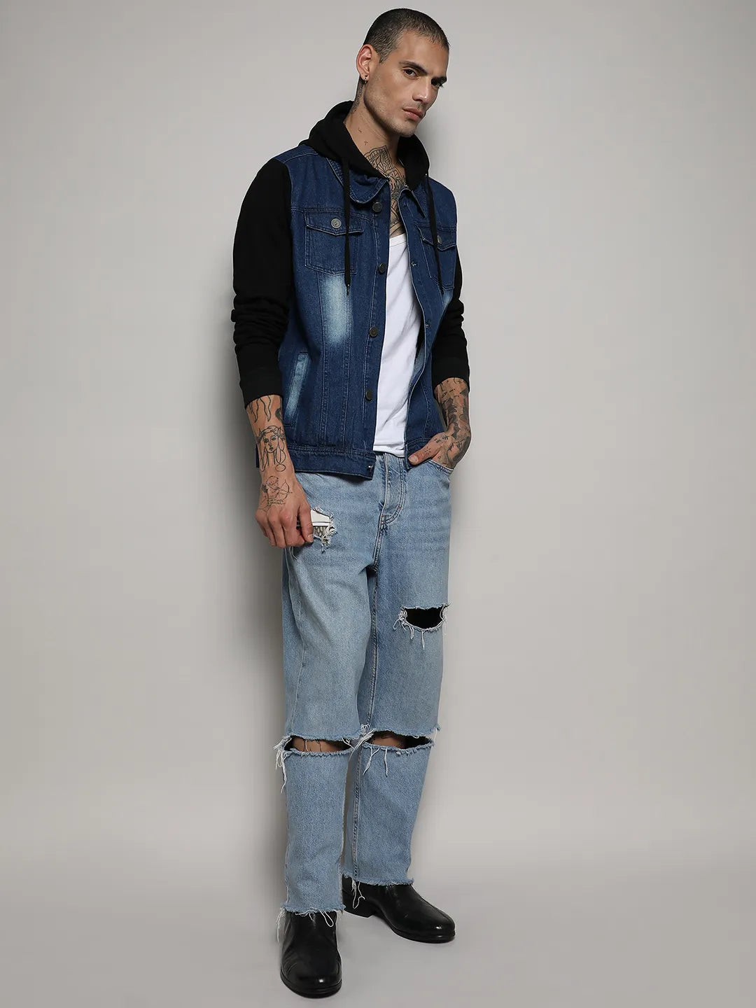 Light-Wash Denim Jacket With Sweatshirt Sleeve