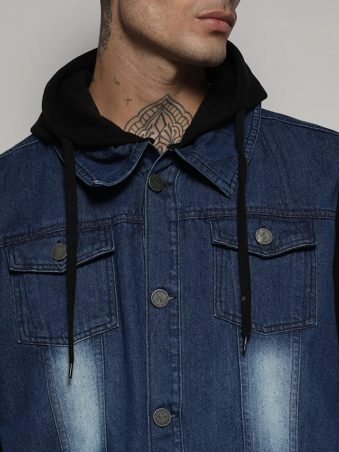 Blue & Black Light-Wash Denim Jacket With Sweatshirt Sleeve