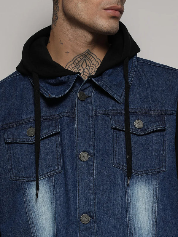 Blue & Black Light-Wash Denim Jacket With Sweatshirt Sleeve