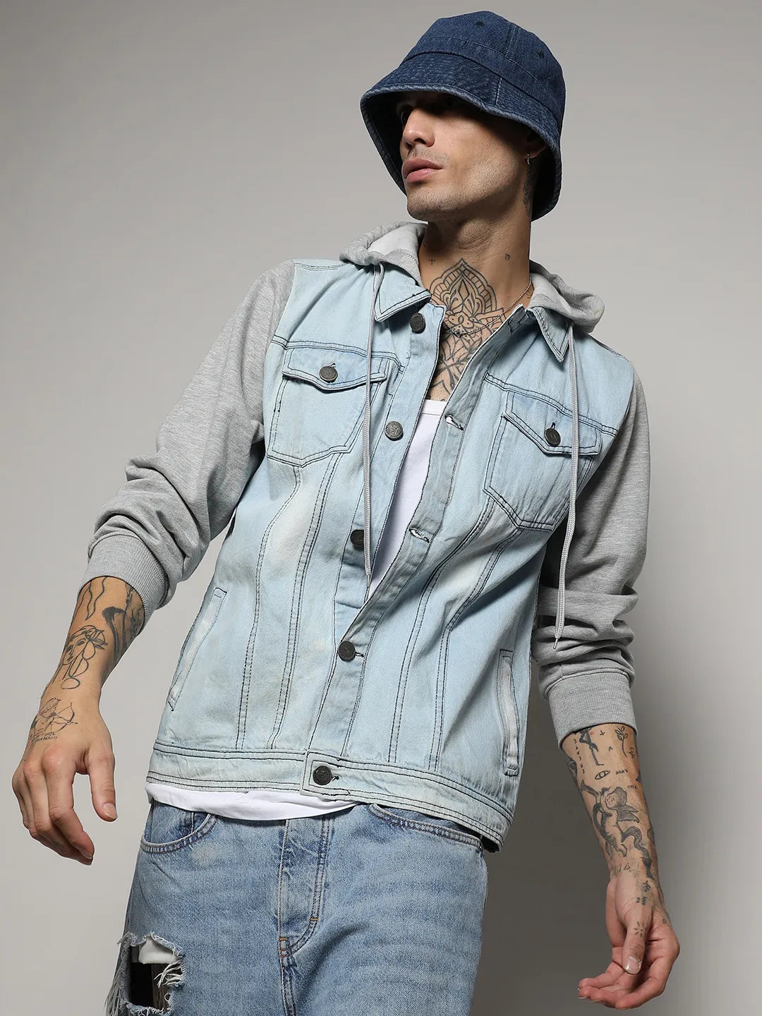 Light-Wash Denim Jacket With Sweatshirt Sleeve