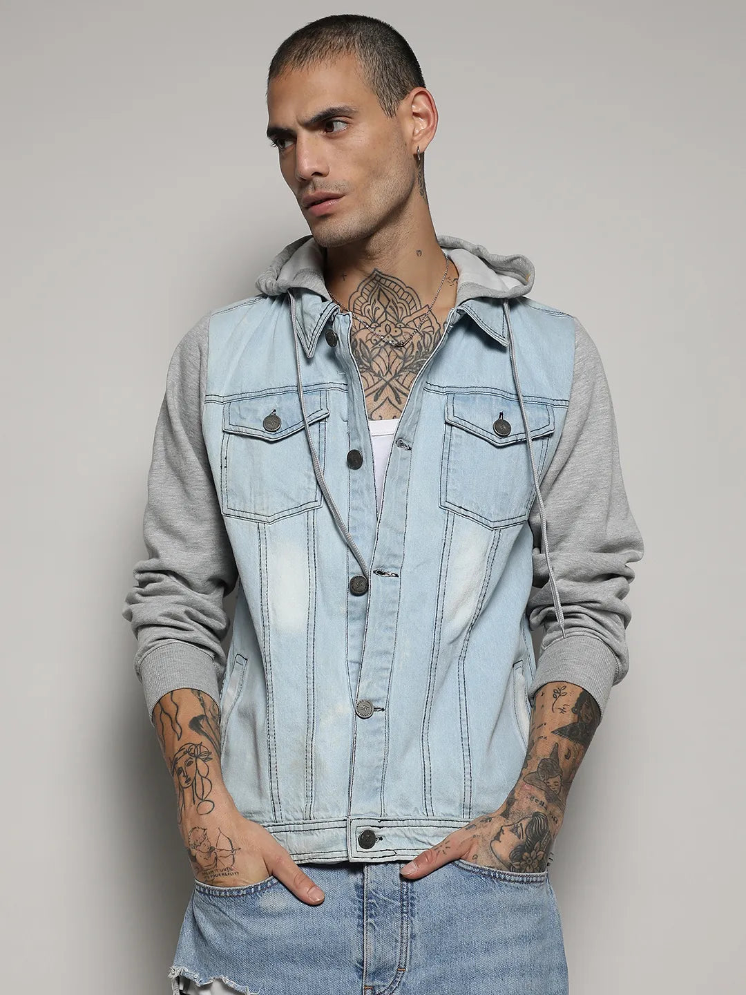 Grey denim jacket blue jeans clearance