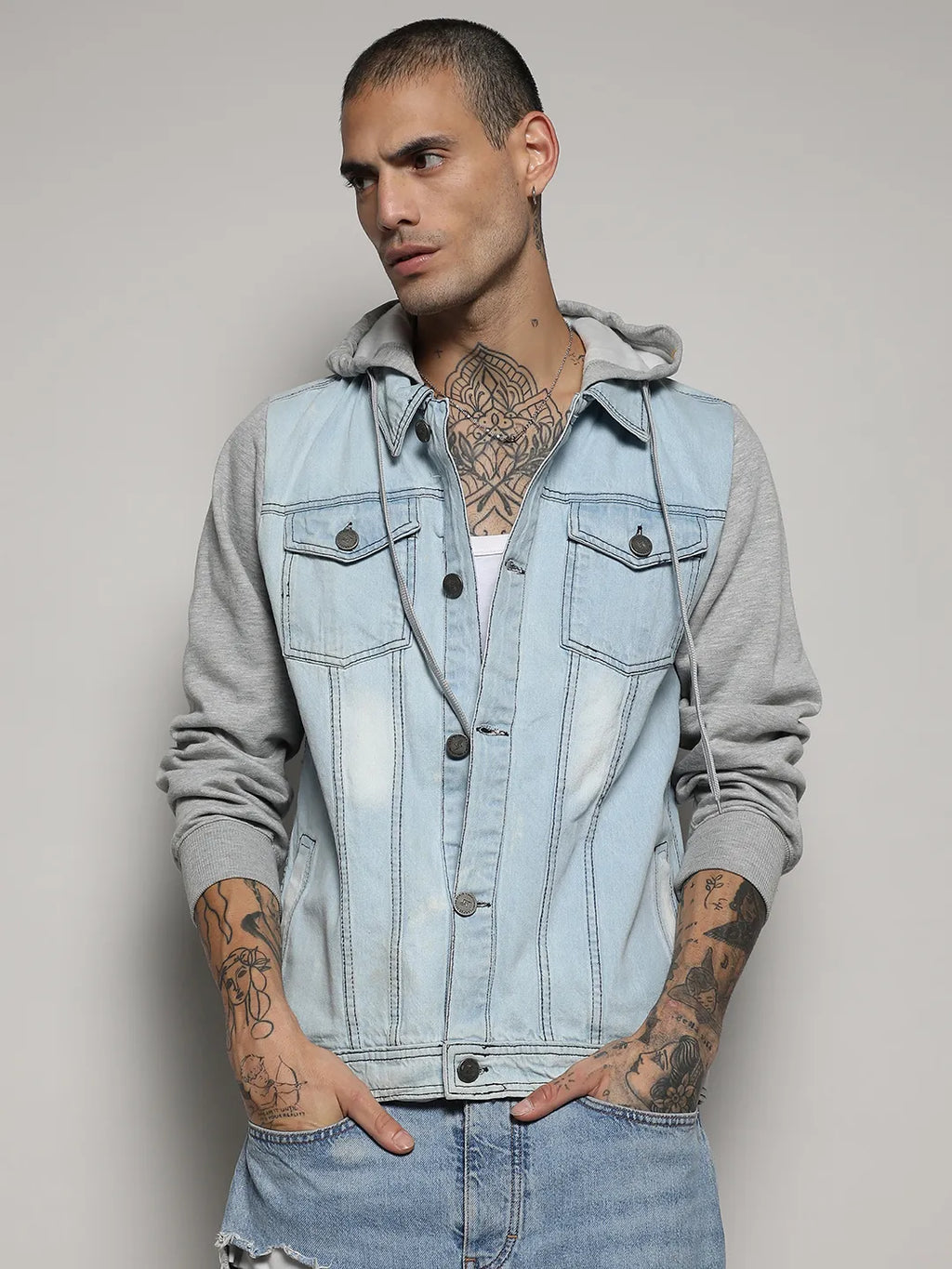 Light-Wash Denim Jacket With Sweatshirt Sleeve