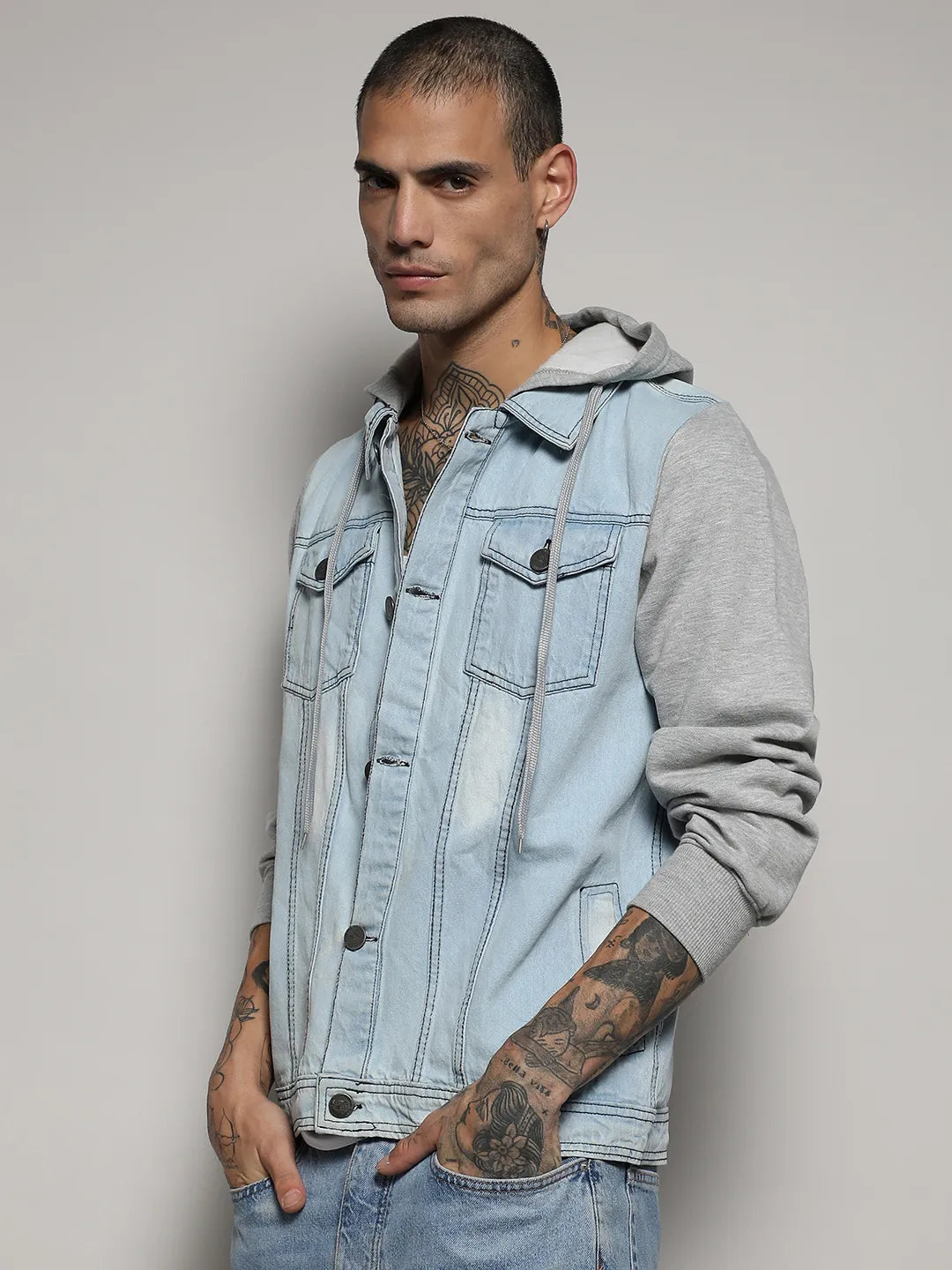 Campus Sutra Men s Blue Grey Light Wash Denim Jacket With Sweatshirt Sleeve Campussutra