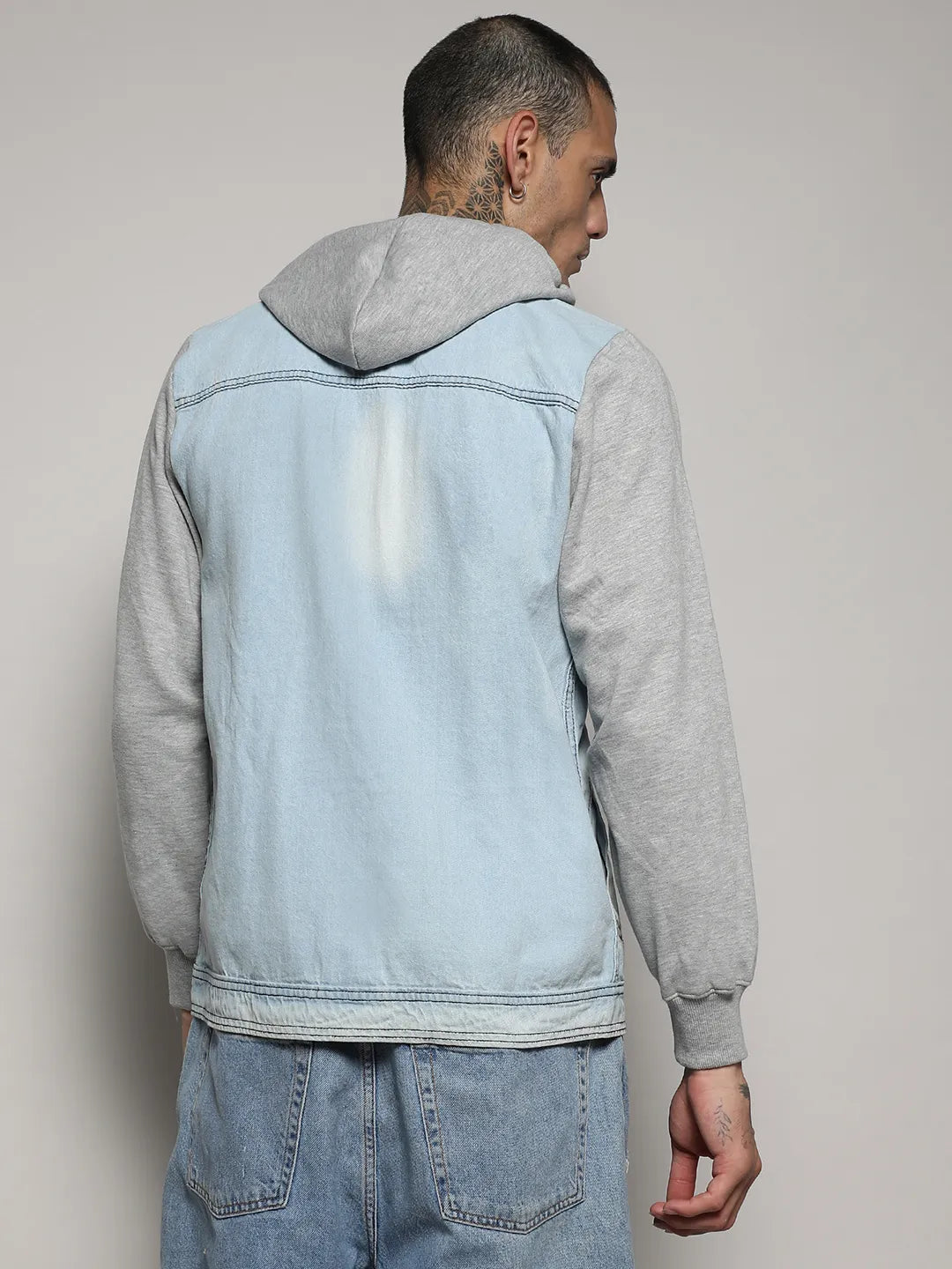 Light-Wash Denim Jacket With Sweatshirt Sleeve