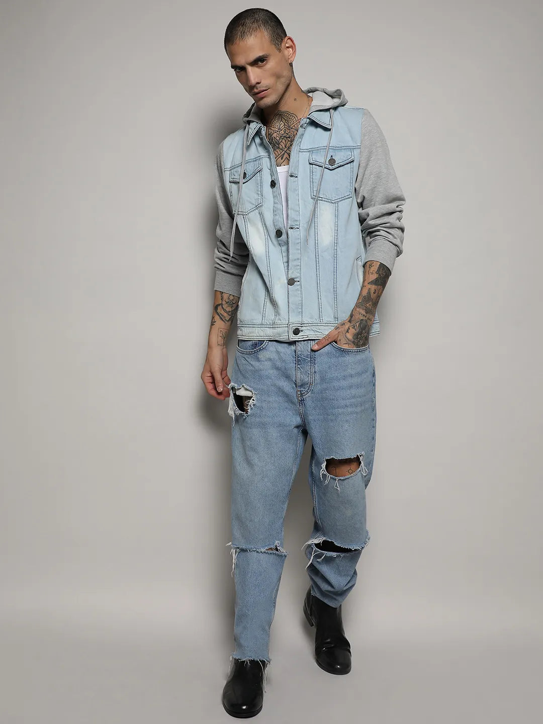 Light-Wash Denim Jacket With Sweatshirt Sleeve
