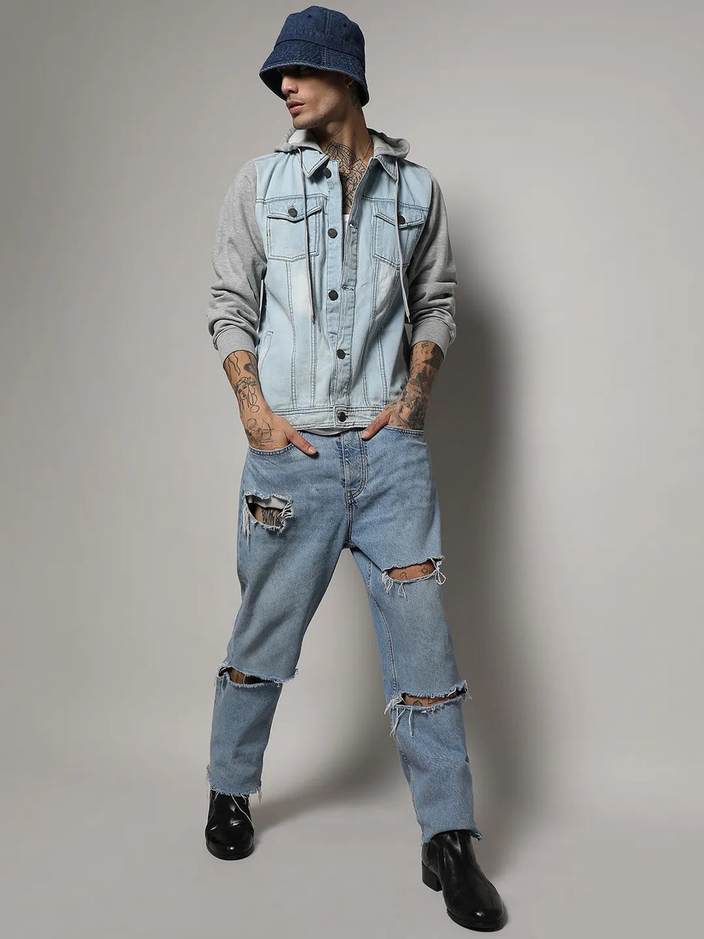 Light-Wash Denim Jacket With Sweatshirt Sleeve