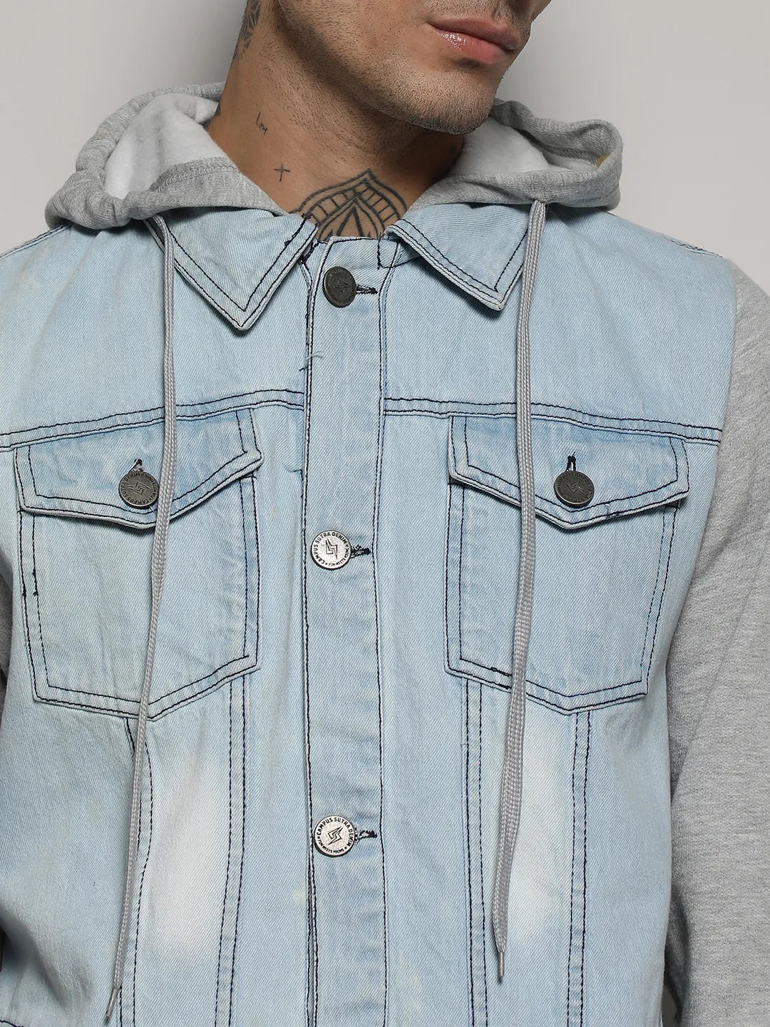 Blue & Grey Light-Wash Denim Jacket With Sweatshirt Sleeve