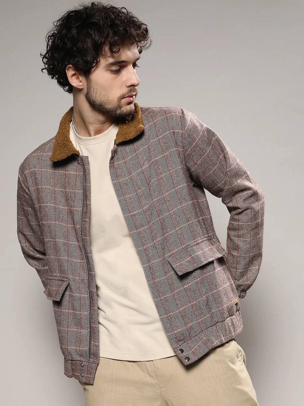 Tartan Plaid Jacket With Fleece Collar