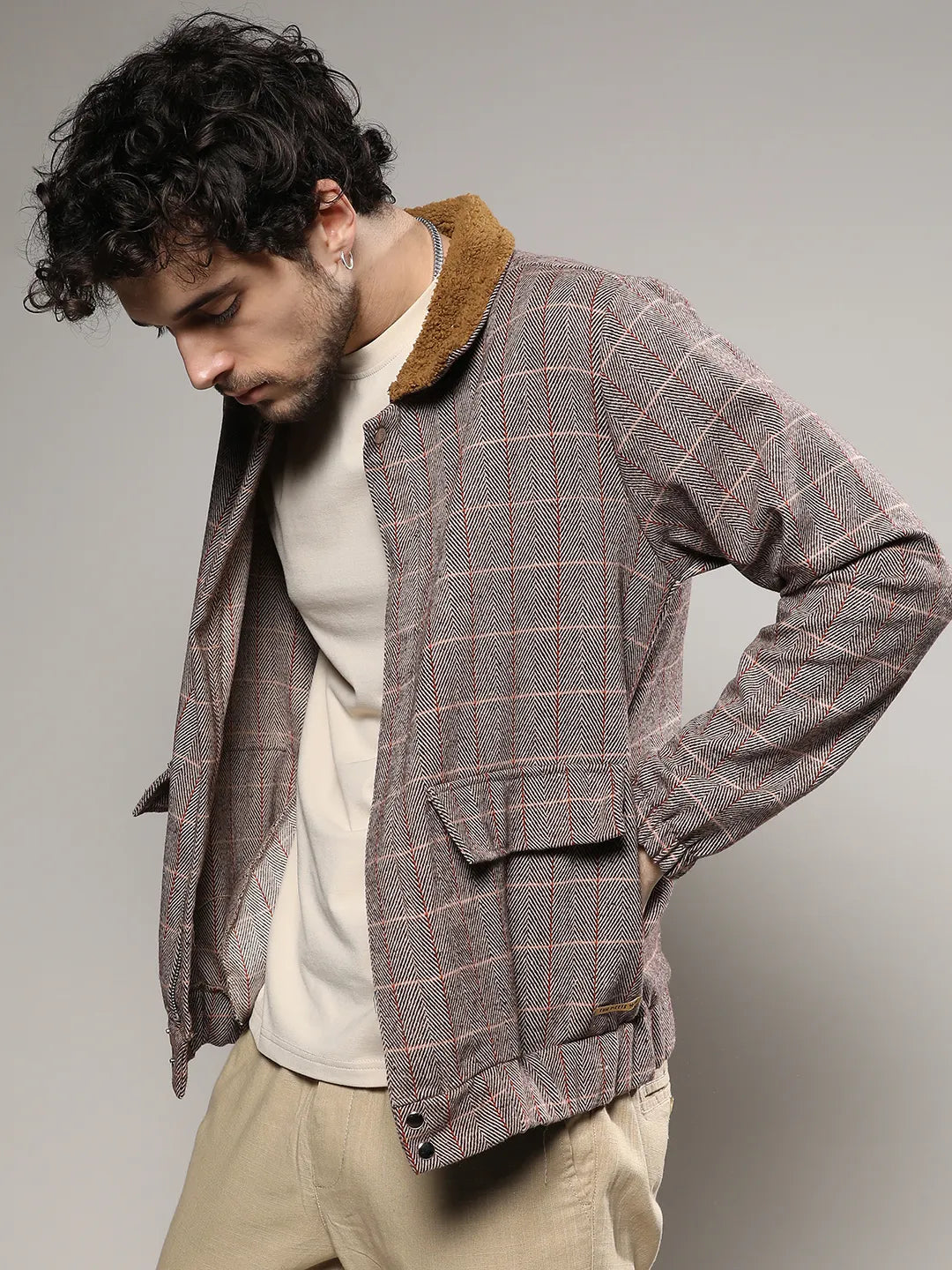 Tartan Plaid Jacket With Fleece Collar