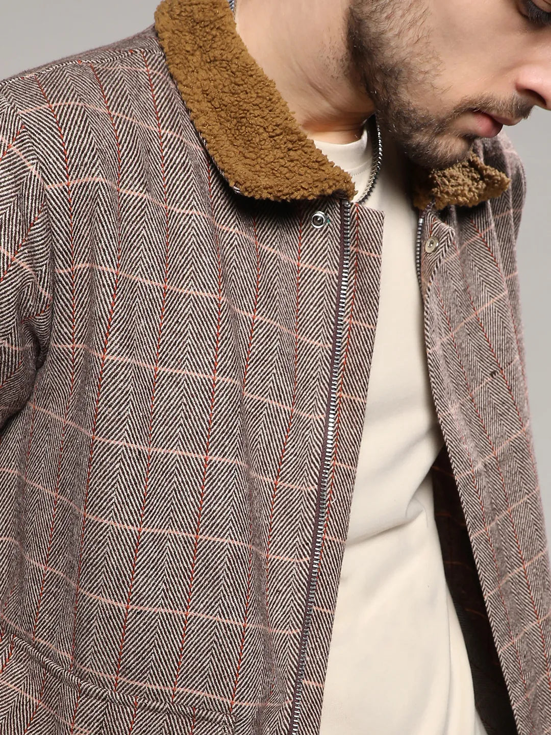 Brown Tartan Plaid Jacket With Fleece Collar