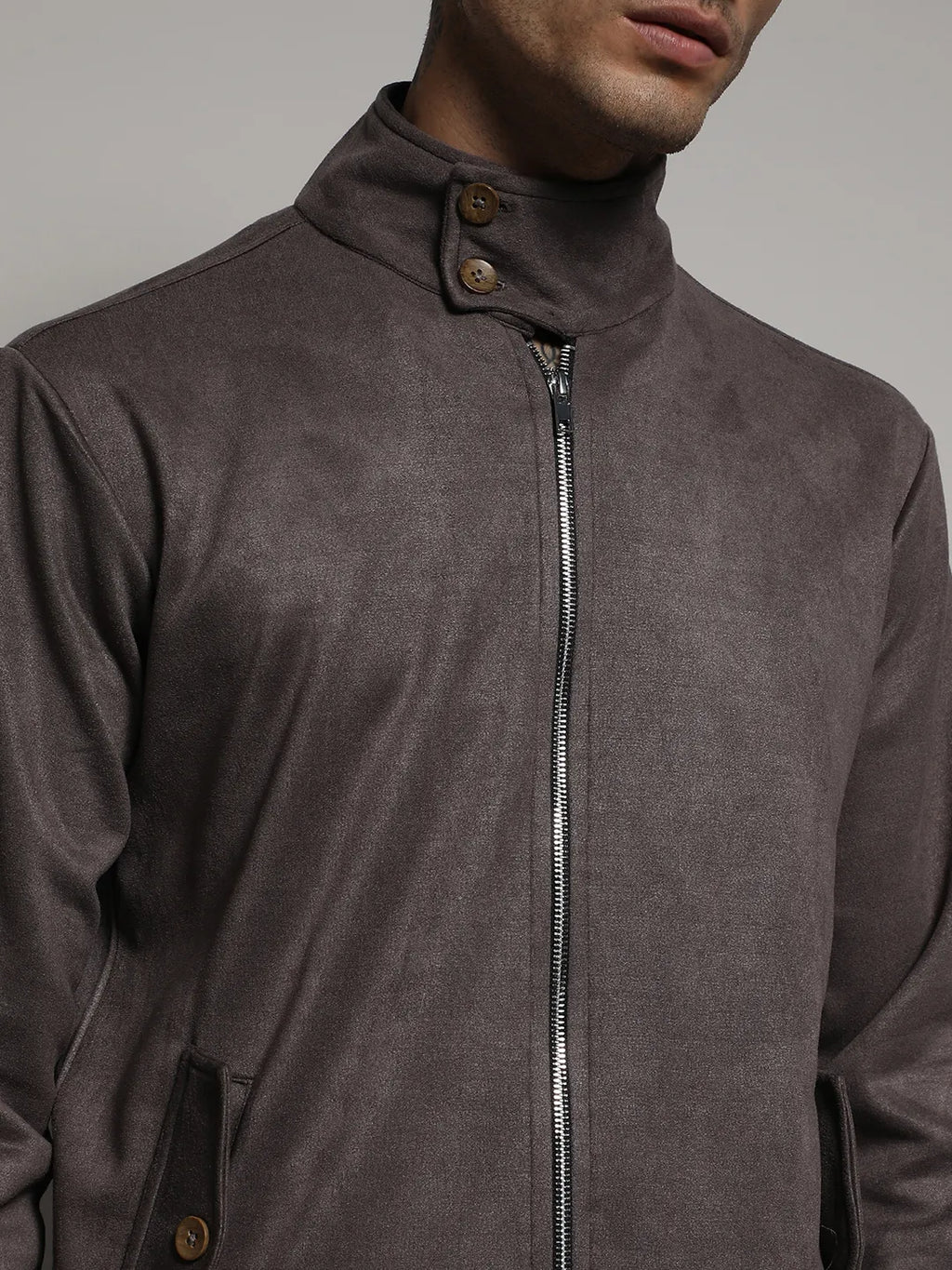 Brown Zip-Front Jacket With Ribbed Hem
