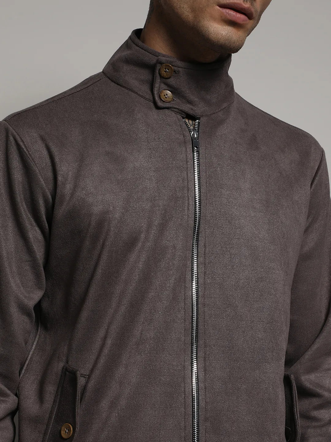 Brown Zip-Front Jacket With Ribbed Hem