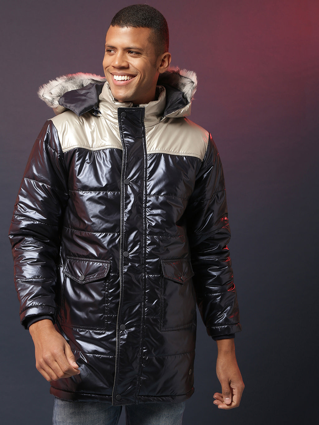 Zip-Front Puffer Jacket With Fur Detail