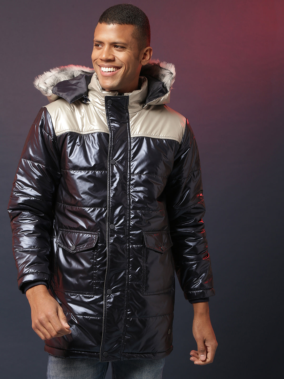 Zip-Front Puffer Jacket With Fur Detail