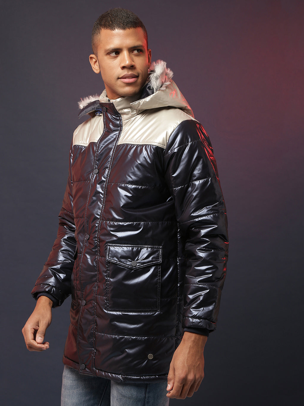 Zip-Front Puffer Jacket With Fur Detail