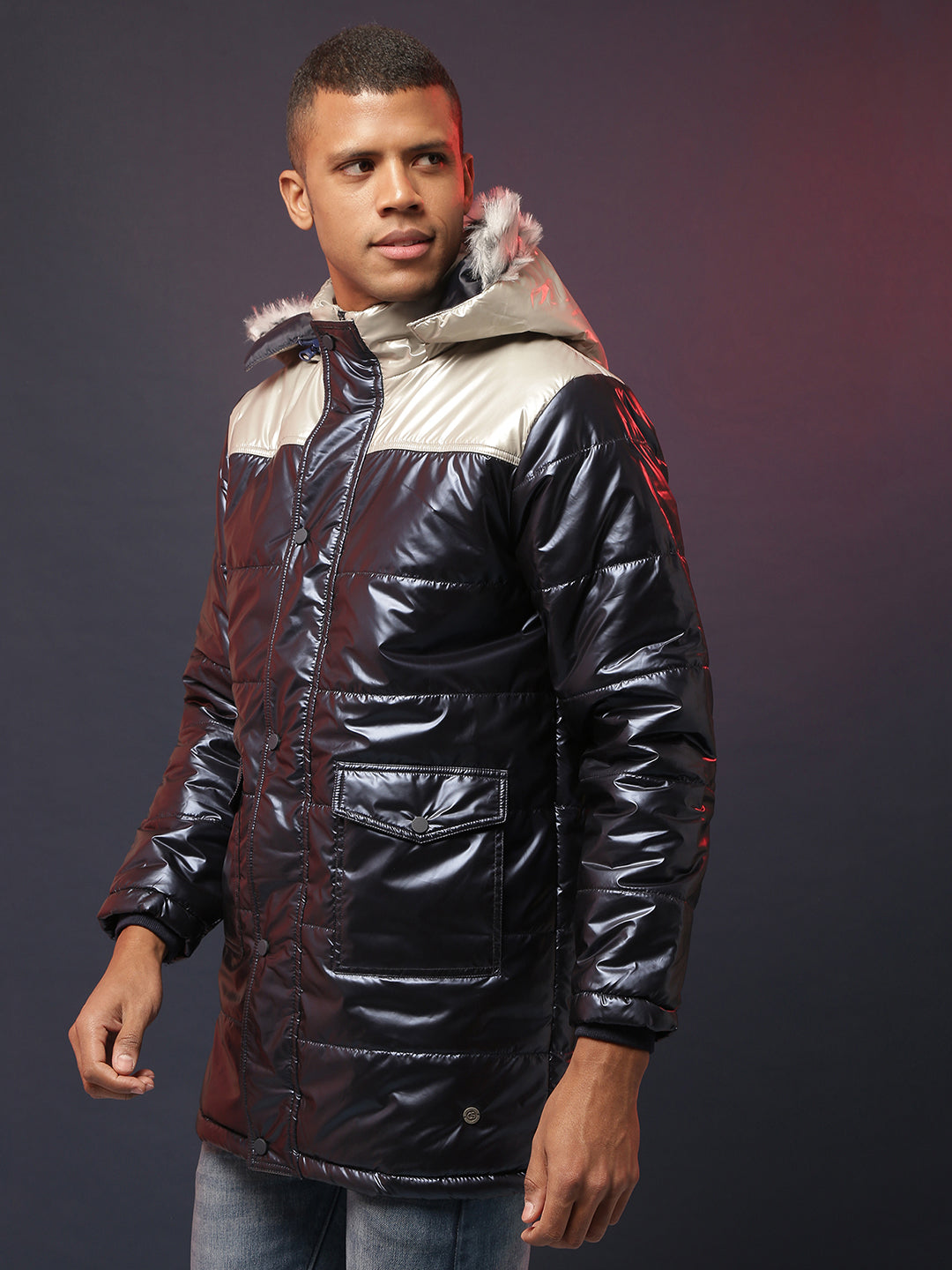 Zip-Front Puffer Jacket With Fur Detail