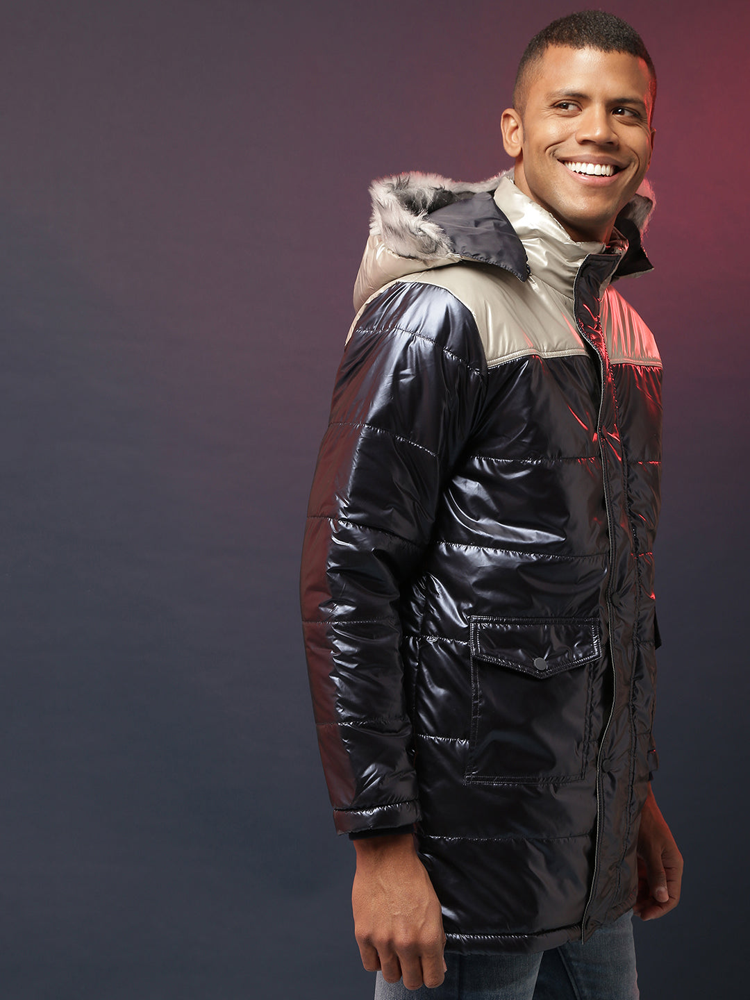 Zip-Front Puffer Jacket With Fur Detail