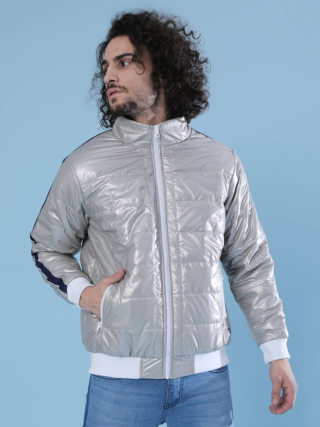 Metallic Puffer Jacket With Contrast Hem
