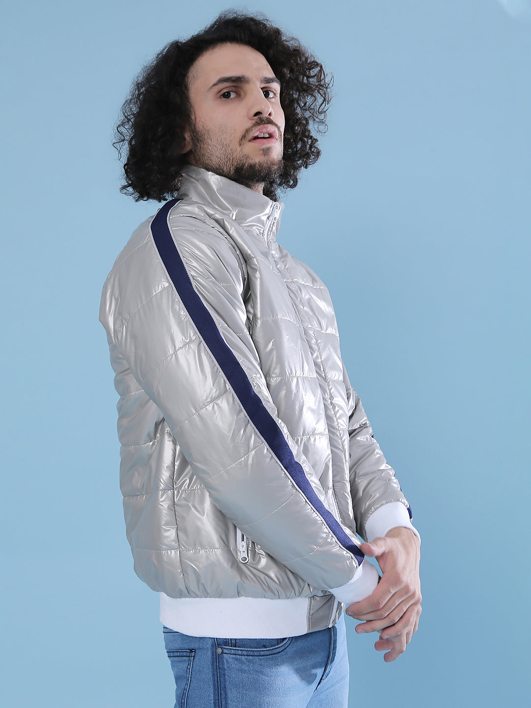 Metallic Puffer Jacket With Contrast Hem