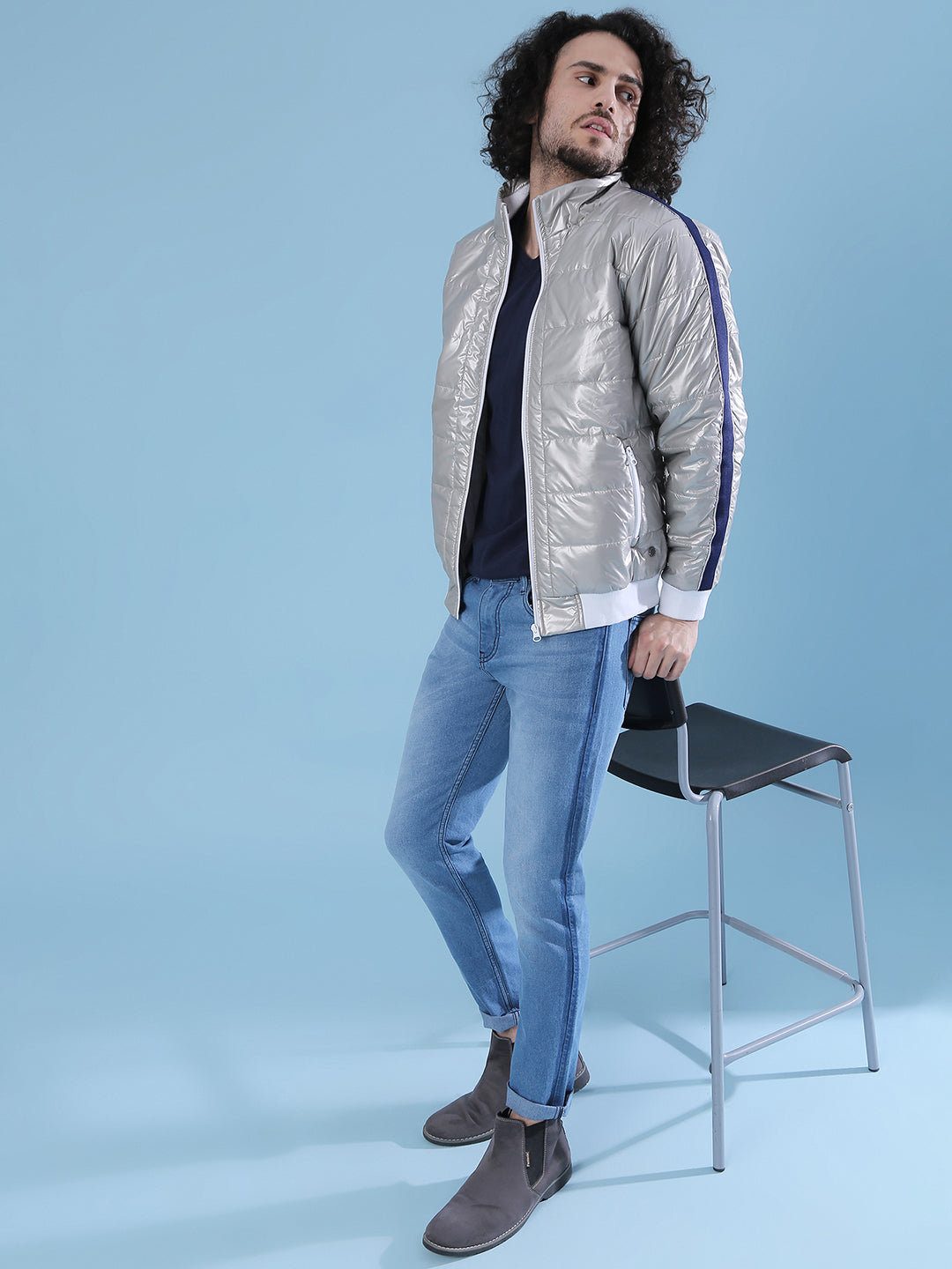Metallic Puffer Jacket With Contrast Hem