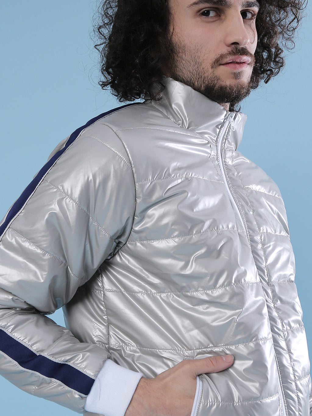 Metallic Puffer Jacket With Contrast Hem