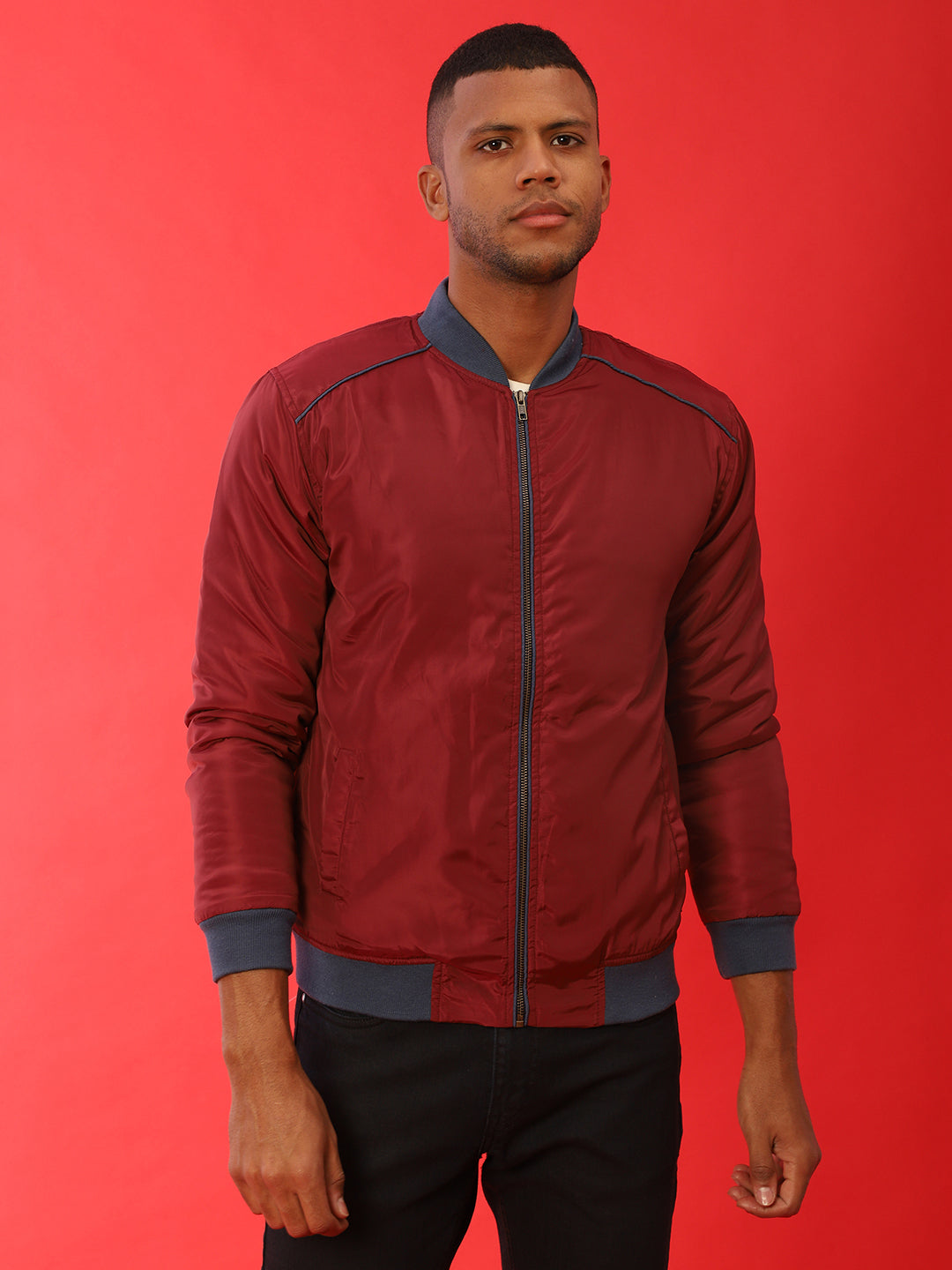 Zip-Front Puffer Jacket With Contrast Piping