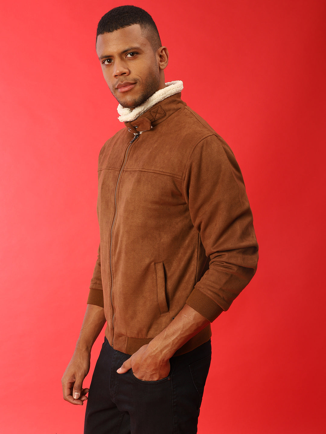 Fur-Lined Suede Bomber Jacket