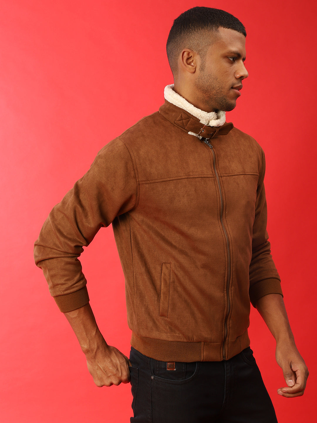 Fur-Lined Suede Bomber Jacket