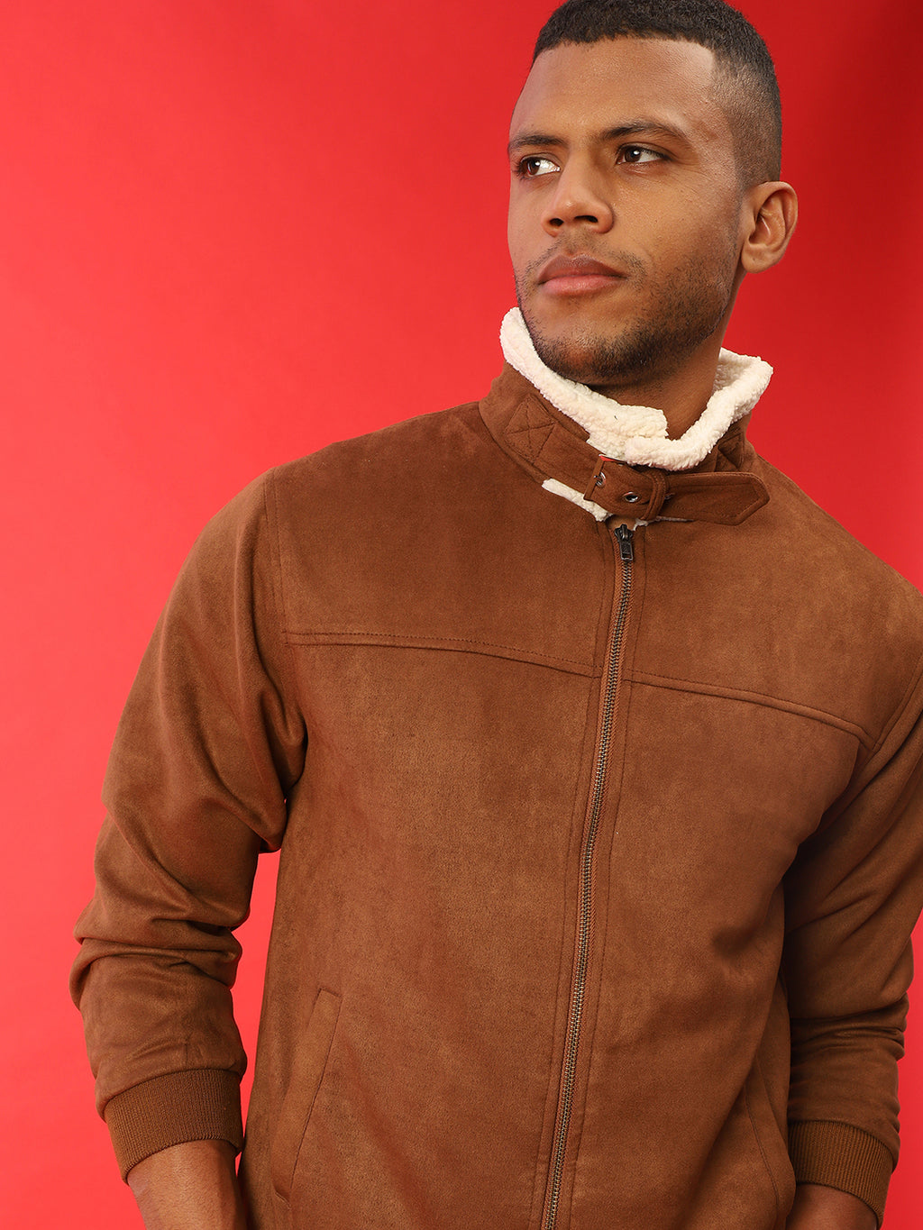 Fur-Lined Suede Bomber Jacket