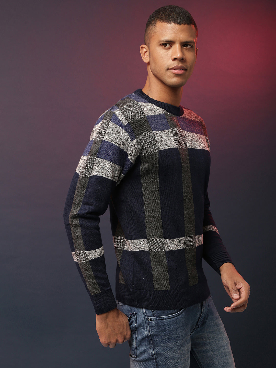 Heathered Contrast Panel Pullover Sweater