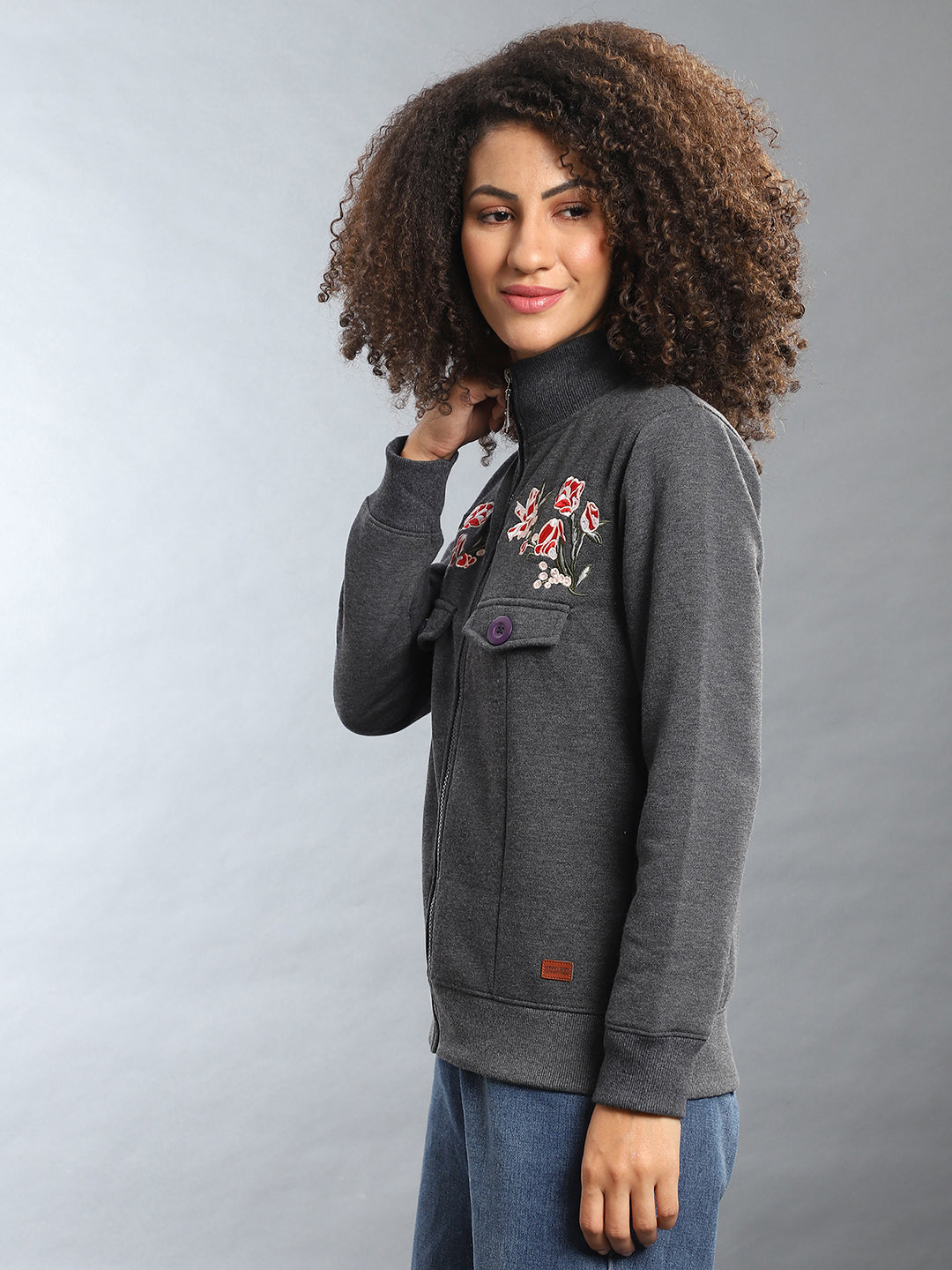 Embroidered Roses Sweatshirt With Zip Closure