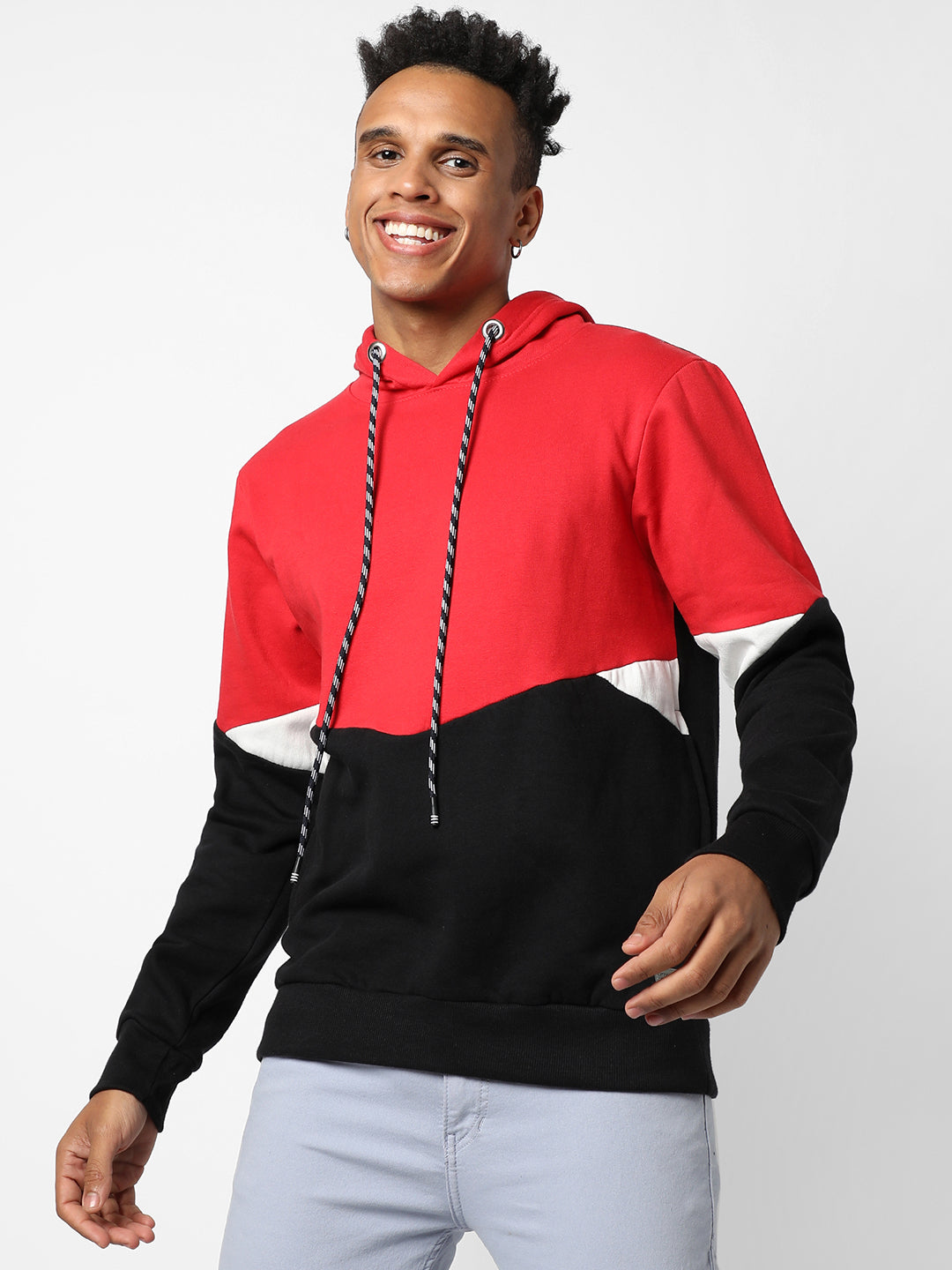 Red & Jet Black Colour-Blocked Sweatshirt With Hoodie Regular Relaxed Fit