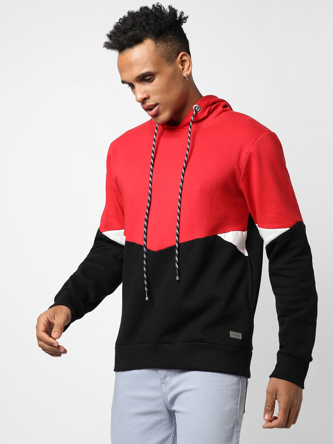 Red & Jet Black Colour-Blocked Sweatshirt With Hoodie Regular Relaxed Fit