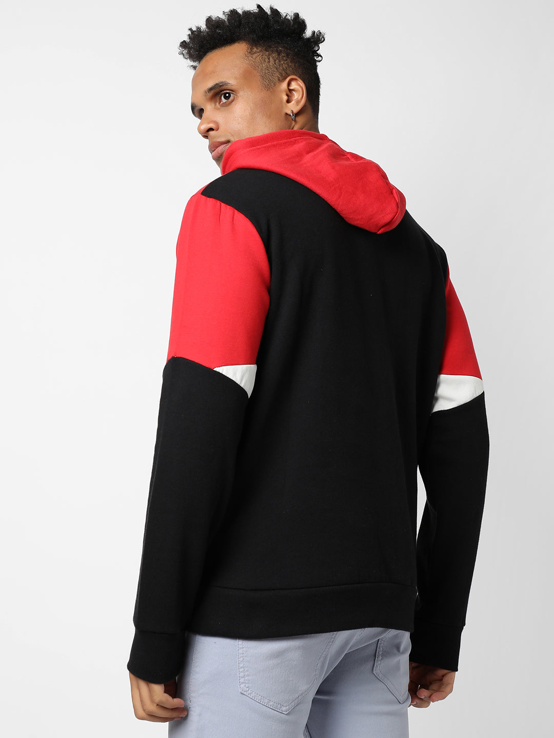 Red & Jet Black Colour-Blocked Sweatshirt With Hoodie Regular Relaxed Fit