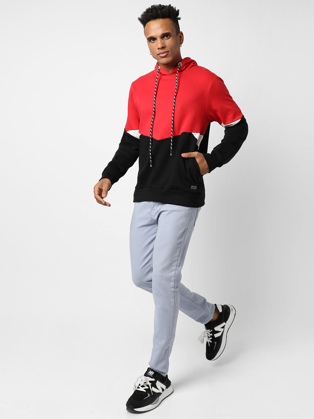 Red & Jet Black Colour-Blocked Sweatshirt With Hoodie Regular Relaxed Fit