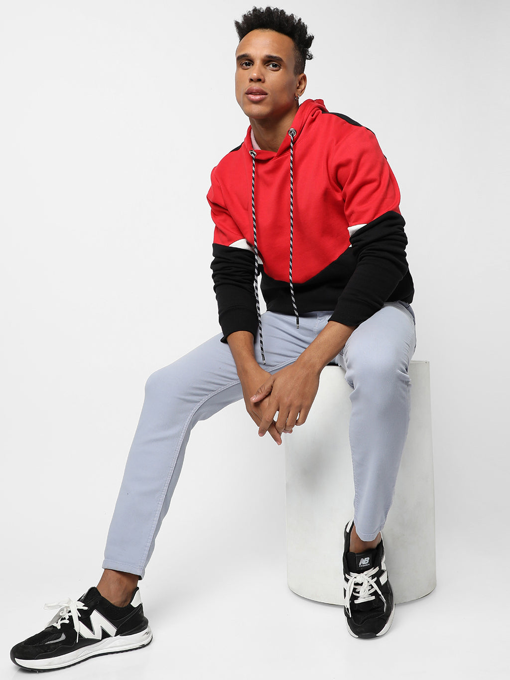 Red & Jet Black Colour-Blocked Sweatshirt With Hoodie Regular Relaxed Fit