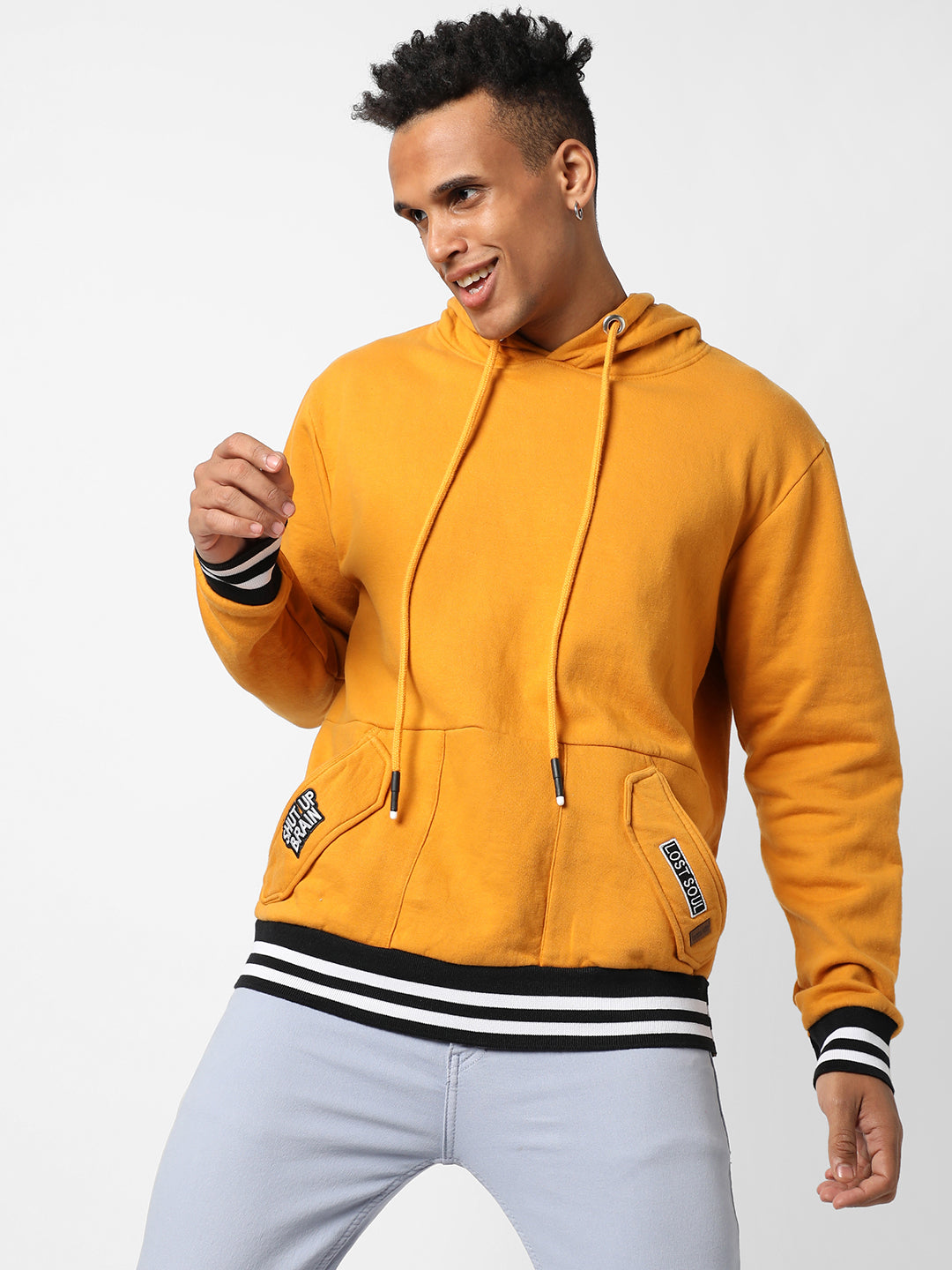 Cotton Mustard Yellow Full Sleeve Sweatshirt With Hoodie Regular Relaxed Fit