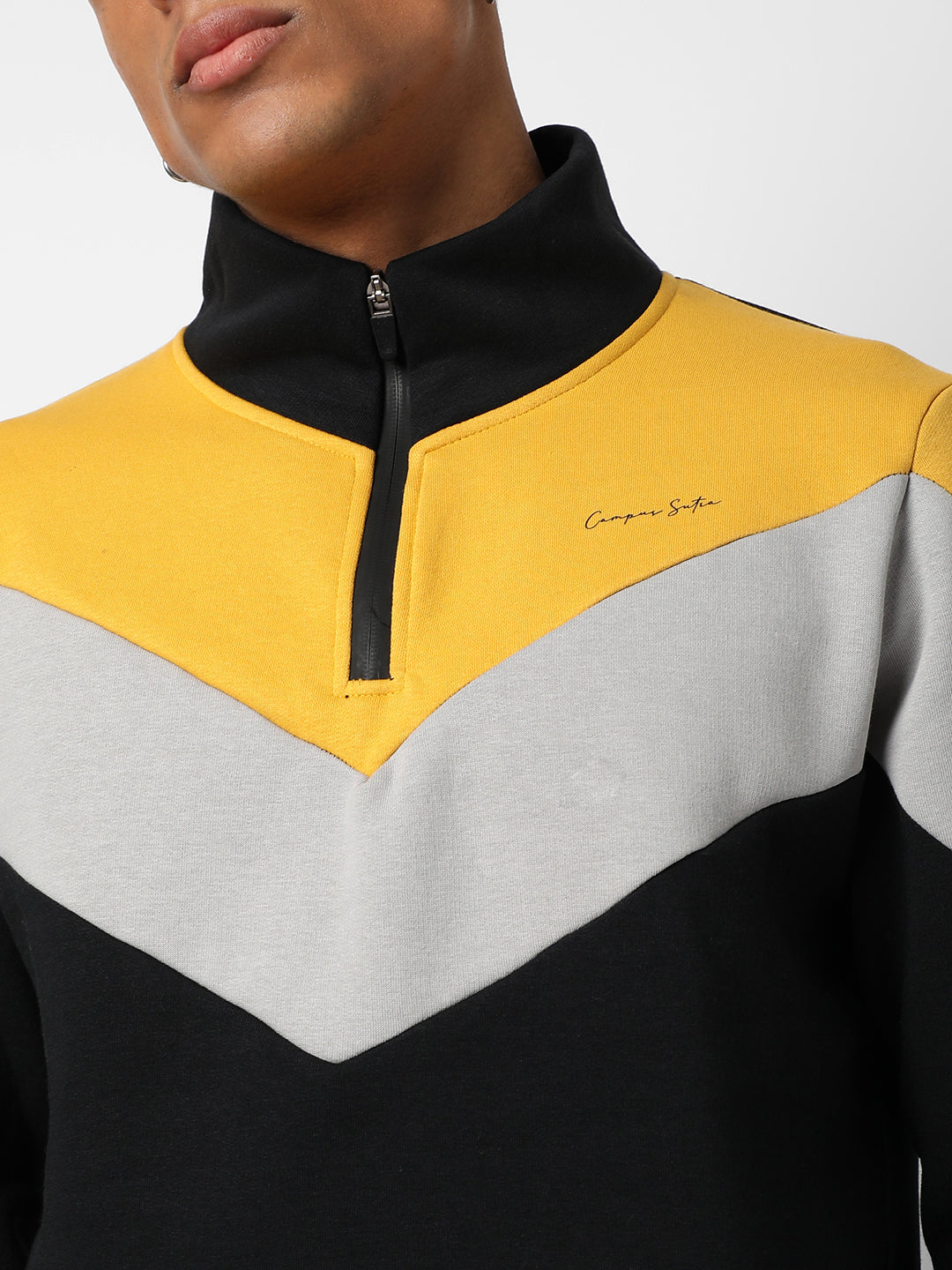 MEN'S SOLID BLACK GREY YELLOW & MULTICOLOUR COLOUR-BLOCKED REGULAR ZIPPER SWEATSHIRT