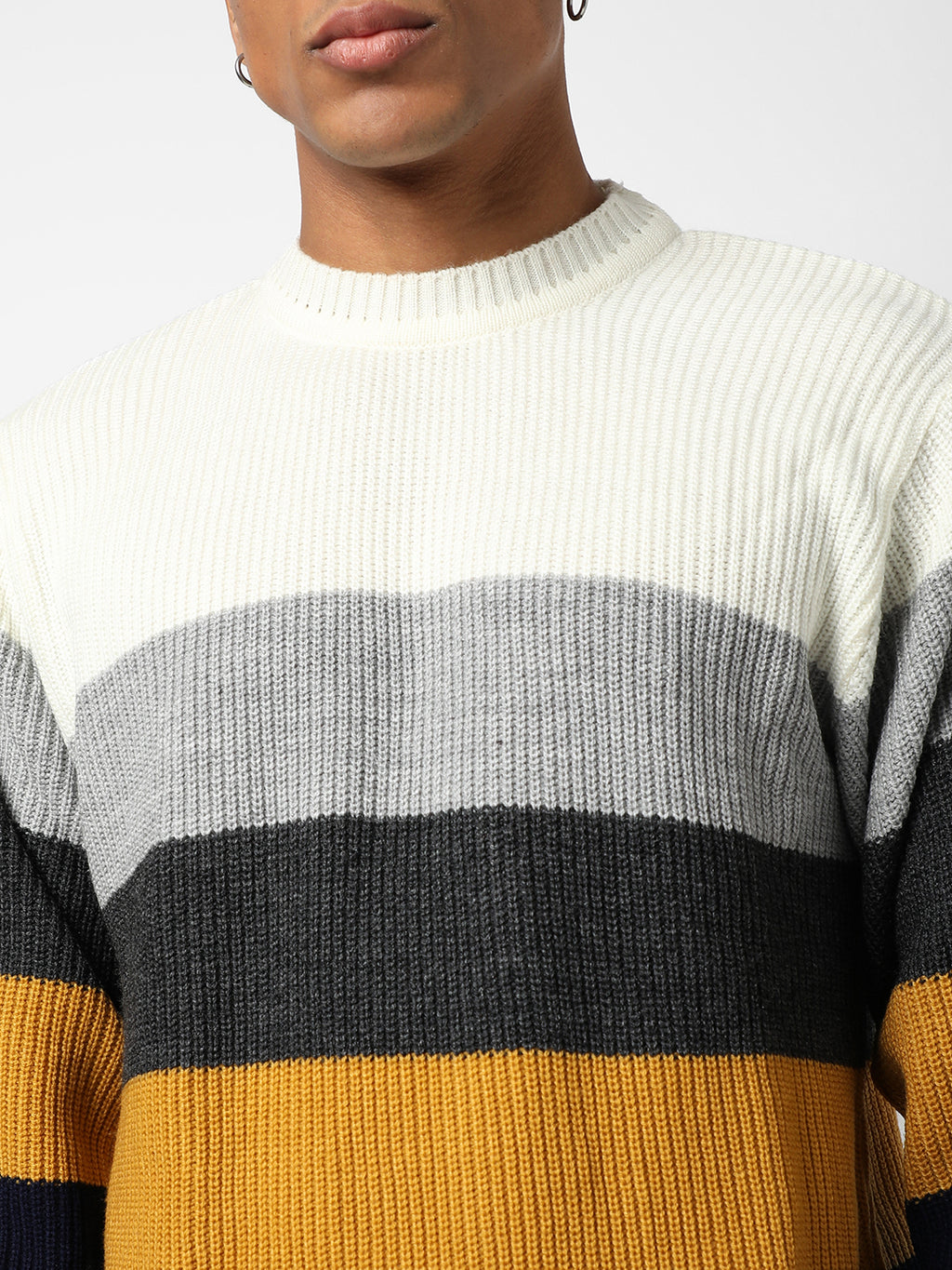 MEN'S SOLID WHITE & MULTICOLOUR COLOUR-BLOCKED SWEATER REGULAR FIT FOR CASUAL WEAR