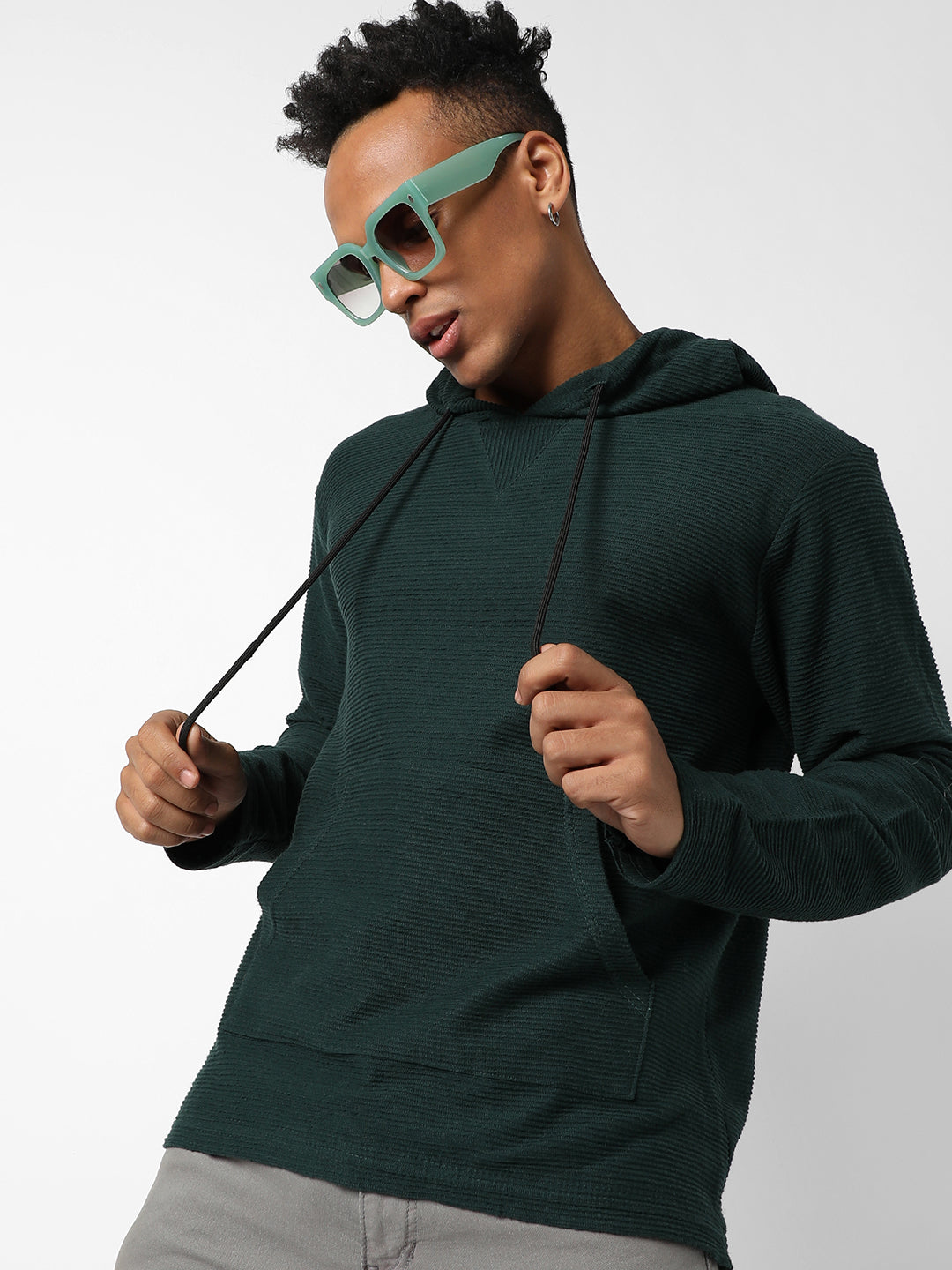 Ribbed Pullover Hoodie With Kangaroo Pocket