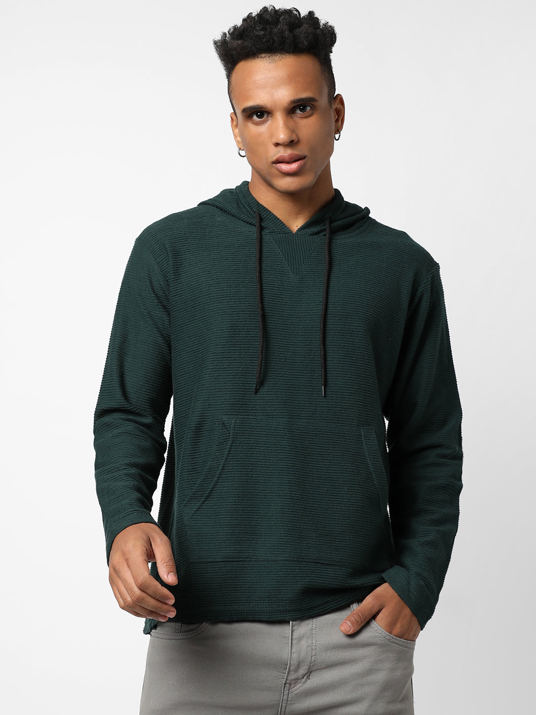 Ribbed Pullover Hoodie With Kangaroo Pocket