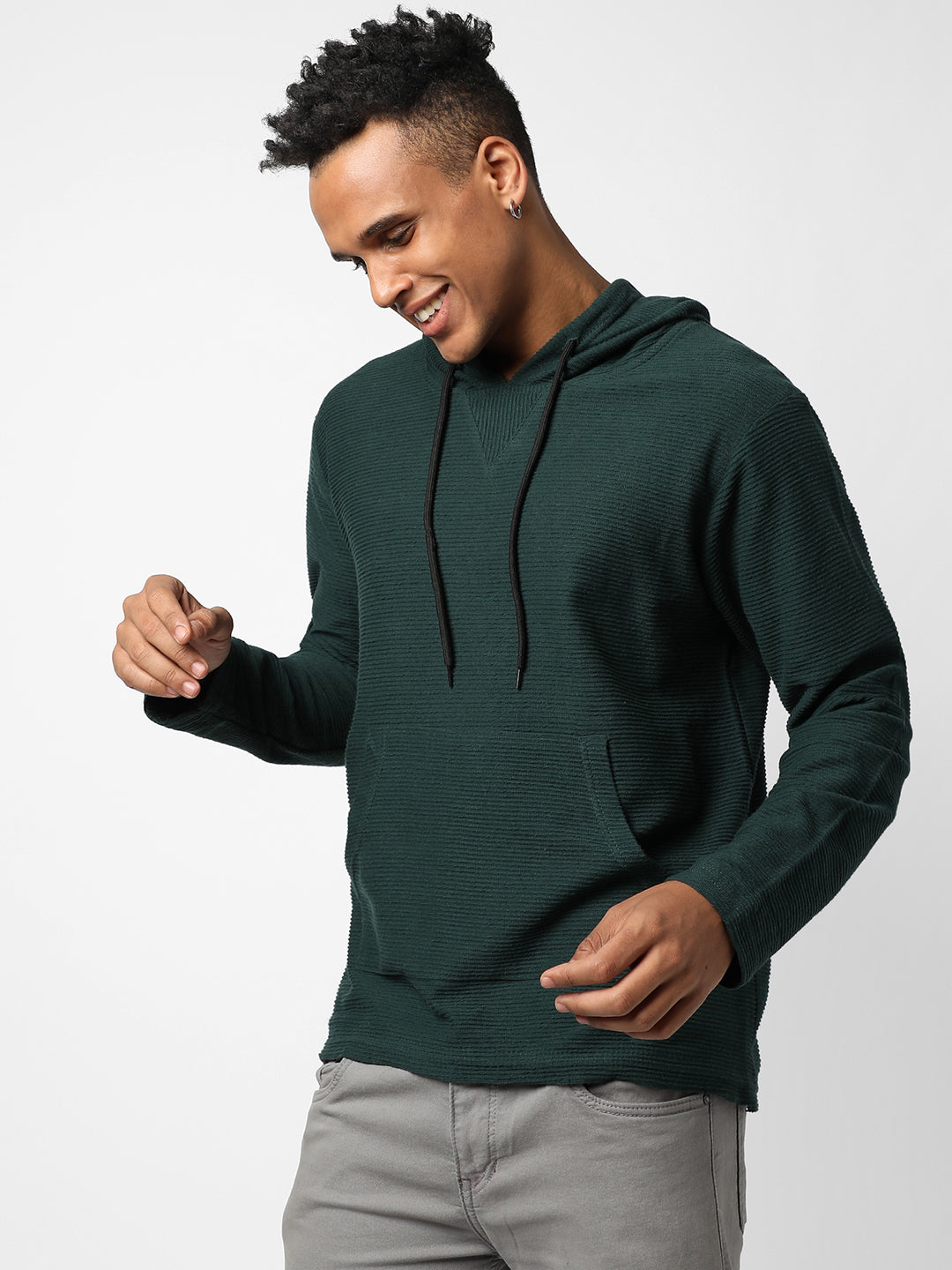 Ribbed Pullover Hoodie With Kangaroo Pocket