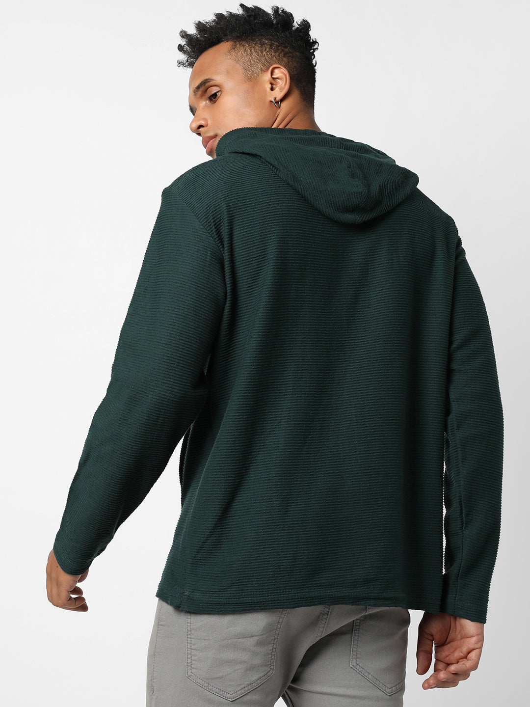 Ribbed Pullover Hoodie With Kangaroo Pocket