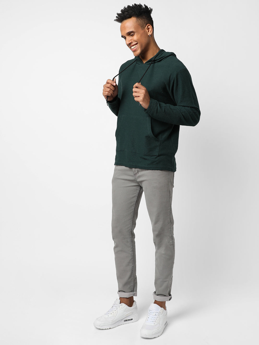 Ribbed Pullover Hoodie With Kangaroo Pocket