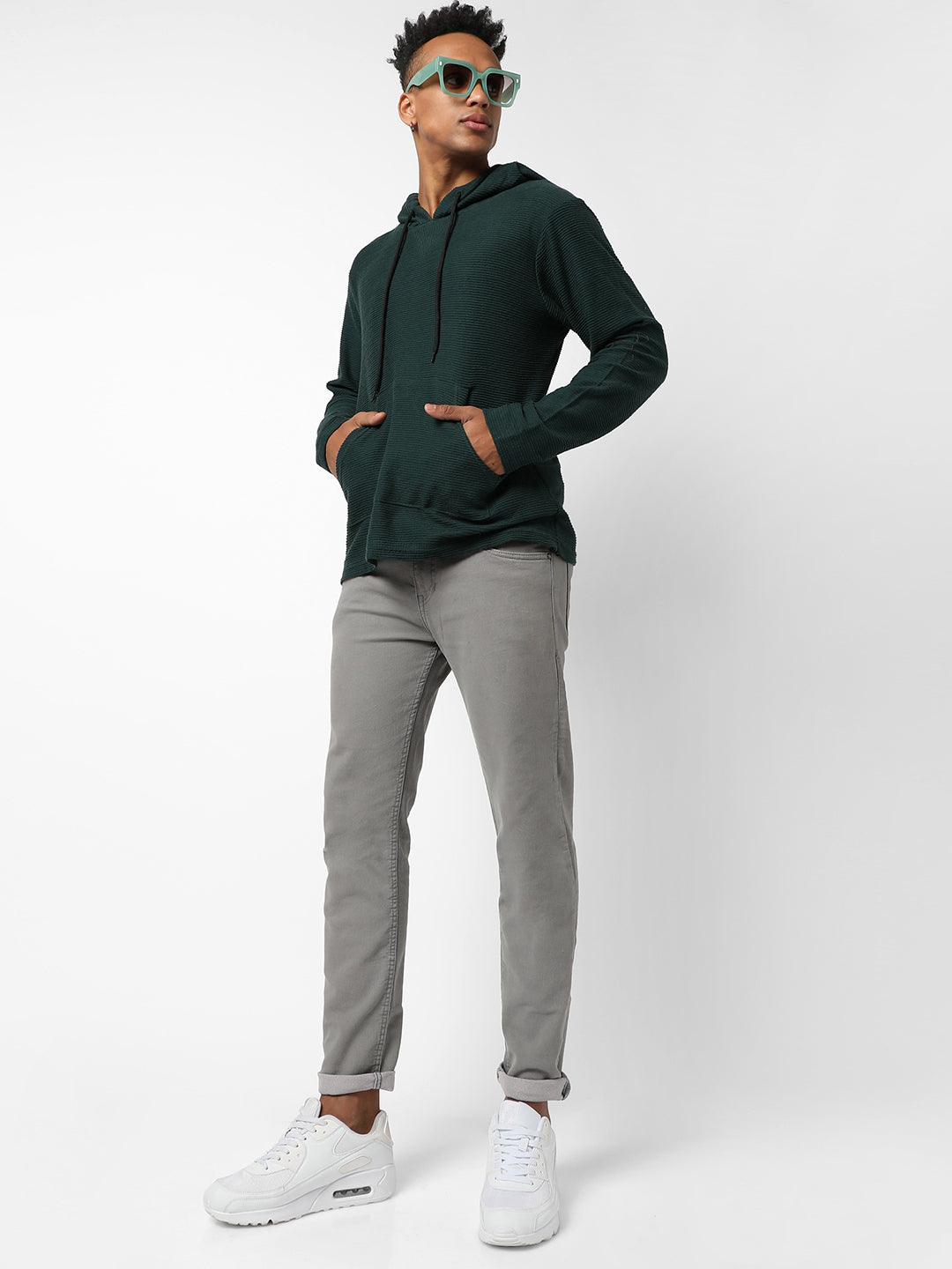 Ribbed Pullover Hoodie With Kangaroo Pocket