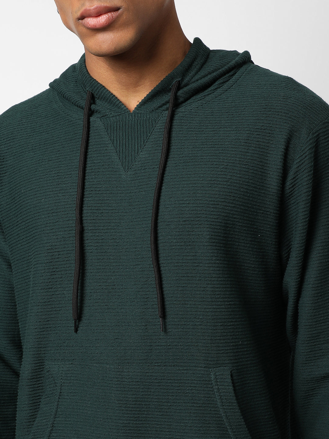 MEN'S FOREST GREEN TEXTURED FULL SLEEVE HOODIE SWEATSHIRT REGULAR RELAXED FIT